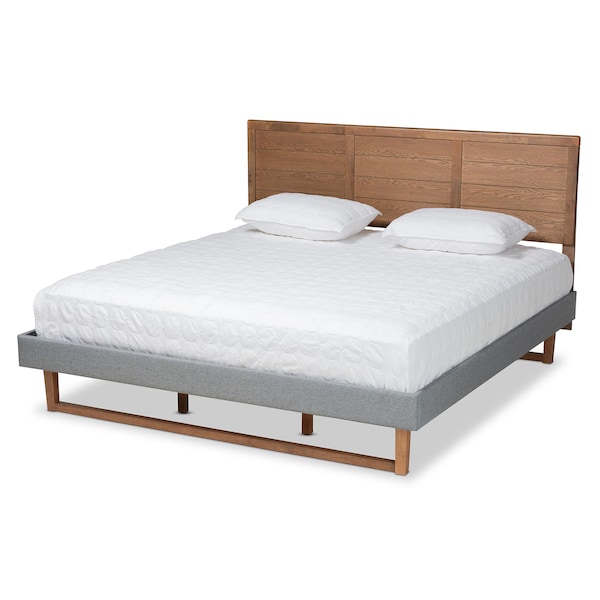 Baxton Studio Gabriela Grey Upholstered and Ash Walnut Wood King Size Platform Bed - 164-9415-9427