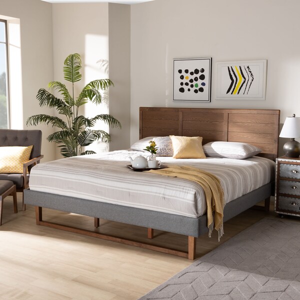 Baxton Studio Gabriela Grey Upholstered and Ash Walnut Wood King Size Platform Bed - 164-9415-9427
