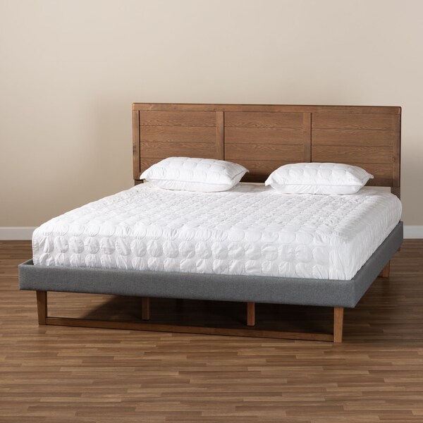 Baxton Studio Gabriela Grey Upholstered and Ash Walnut Wood King Size Platform Bed - 164-9415-9427