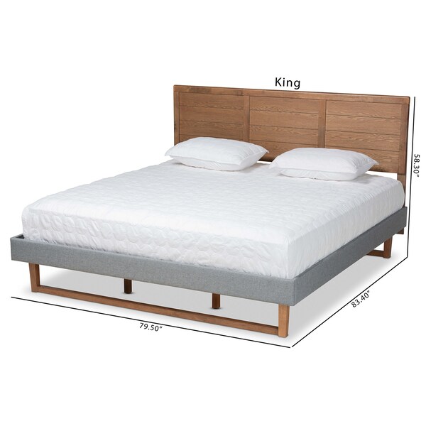Baxton Studio Gabriela Grey Upholstered and Ash Walnut Wood King Size Platform Bed - 164-9415-9427