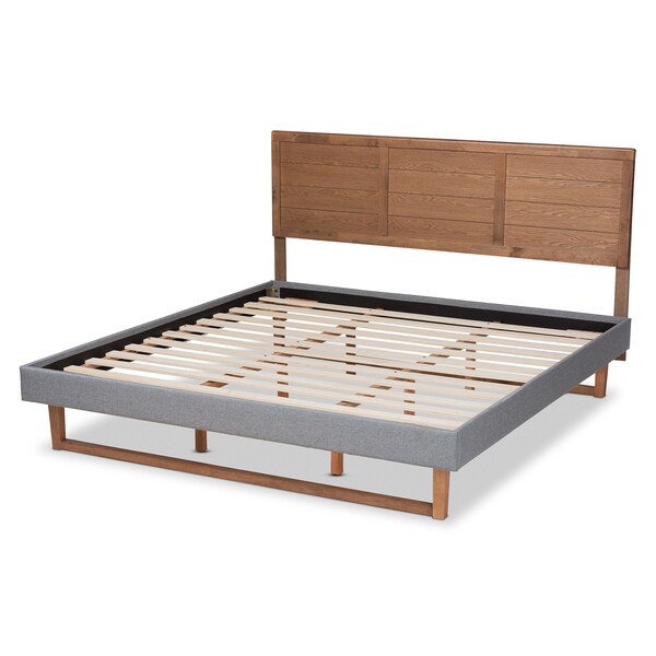 Baxton Studio Gabriela Grey Upholstered and Ash Walnut Wood King Size Platform Bed - 164-9415-9427