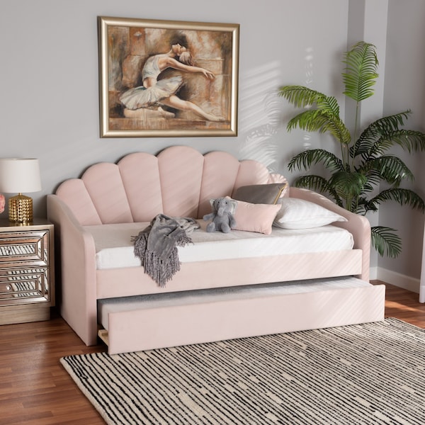 Baxton Studio Timila Modern and Contemporary Light Pink Velvet Fabric Upholstered Full Size Daybed with Trundle - 213-11549-ZORO