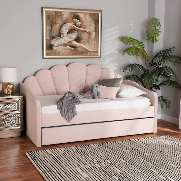 Baxton Studio Timila Modern and Contemporary Light Pink Velvet Fabric Upholstered Full Size Daybed with Trundle - 213-11549-ZORO