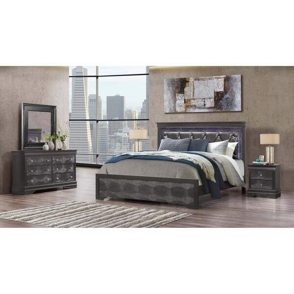 Global Furniture Usa Traditional Glam Croc Pompei Metallic Grey Full Bed Group With Led - 2875
