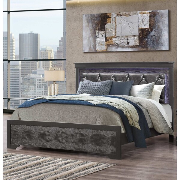 Global Furniture Usa Traditional Glam Croc Pompei Metallic Grey Full Bed Group With Led - 2875