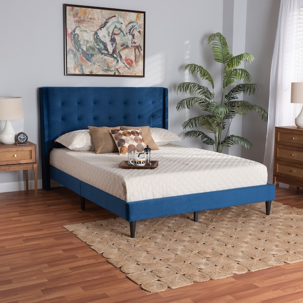 Baxton Studio Gothard  Navy Blue Velvet Upholstered and Dark Brown Finished Wood King Size Platform Bed - 215-12366-ZORO