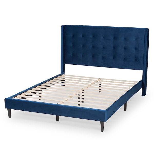 Baxton Studio Gothard  Navy Blue Velvet Upholstered and Dark Brown Finished Wood King Size Platform Bed - 215-12366-ZORO