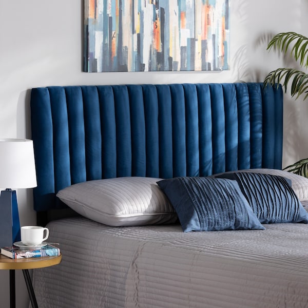 Baxton Studio Emile ModernNavy Blue Velvet Upholstered and Dark Brown Finished Wood Headboard-Full - 200-12401-ZORO