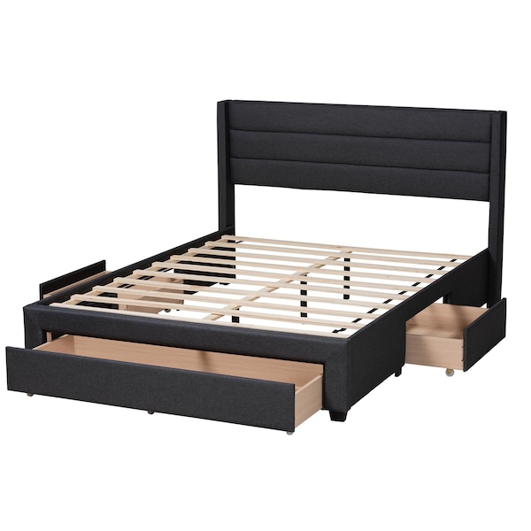 Baxton Studio Braylon Transitional Charcoal Grey Fabric and Dark Brown Finished Wood 3-Drawer Platform Bed-Full - 232-13076-ZORO