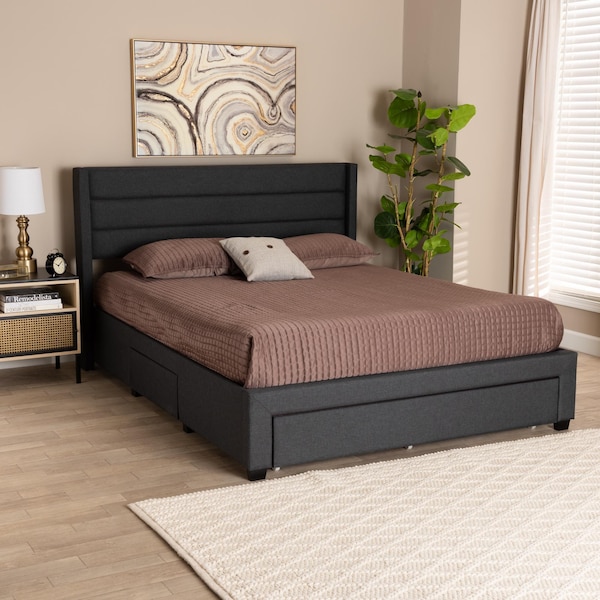 Baxton Studio Braylon Transitional Charcoal Grey Fabric and Dark Brown Finished Wood 3-Drawer Platform Bed-Full - 232-13076-ZORO