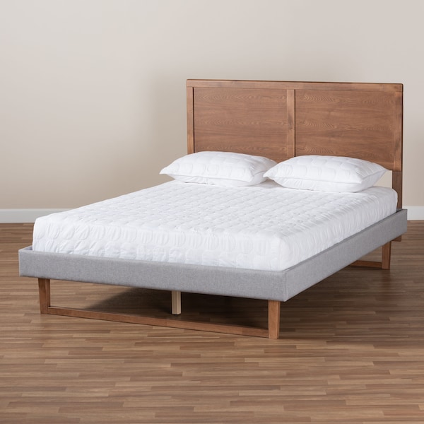 Baxton Studio Eloise Grey Upholstered and Ash Walnut Wood Full Size Platform Bed - 164-9416-9419