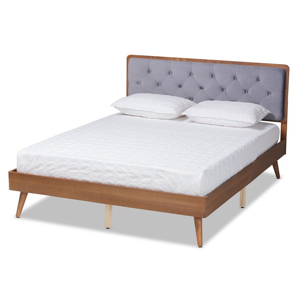 Baxton Studio Larue Modern Grey Velvet Upholstered and Walnut Brown Finished Wood King Size Platform Bed - 202-11587