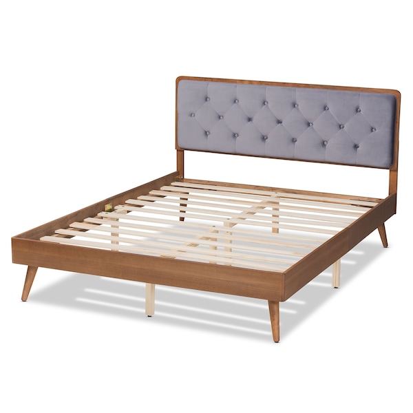 Baxton Studio Larue Modern Grey Velvet Upholstered and Walnut Brown Finished Wood King Size Platform Bed - 202-11587
