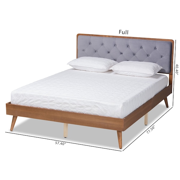 Baxton Studio Larue Modern Grey Velvet Upholstered and Walnut Brown Finished Wood King Size Platform Bed - 202-11587