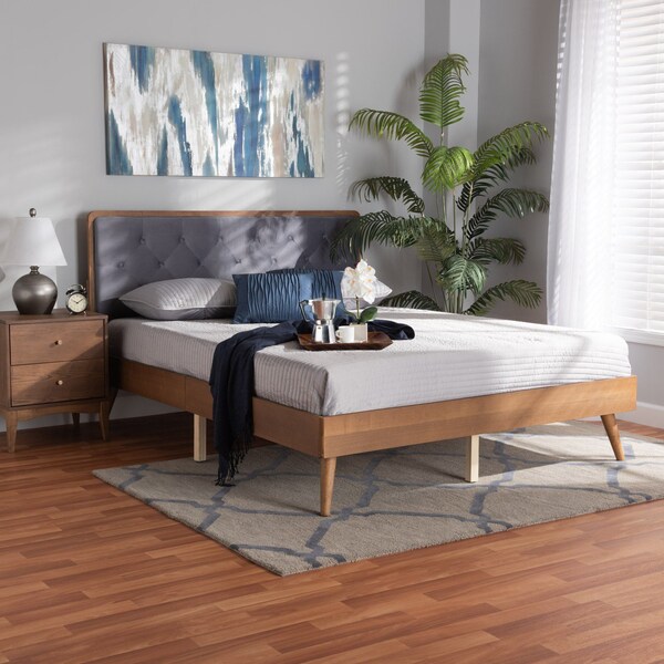 Baxton Studio Larue Modern Grey Velvet Upholstered and Walnut Brown Finished Wood King Size Platform Bed - 202-11587