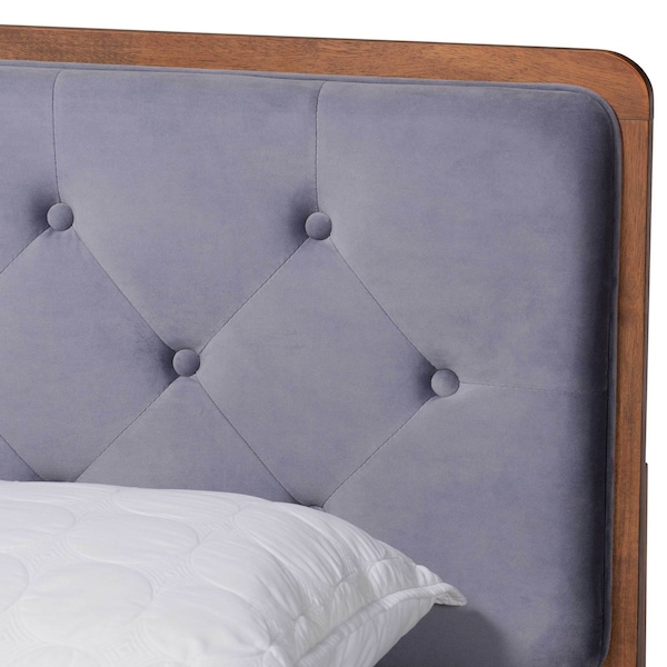 Baxton Studio Larue Modern Grey Velvet Upholstered and Walnut Brown Finished Wood King Size Platform Bed - 202-11587