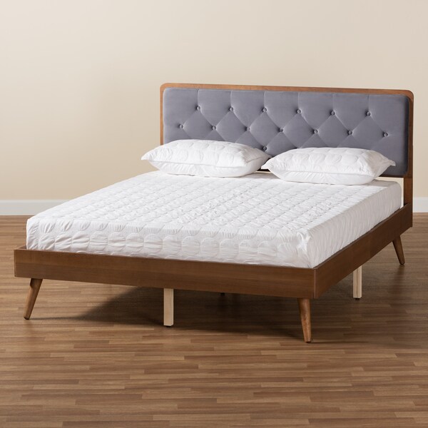 Baxton Studio Larue Modern Grey Velvet Upholstered and Walnut Brown Finished Wood King Size Platform Bed - 202-11587