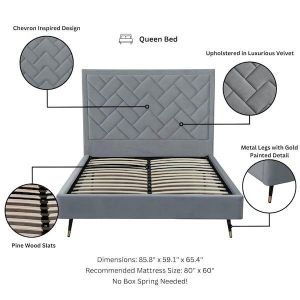 Manhattan Comfort Crosby Queen-Size Bed in Grey - BD009-QN-GY