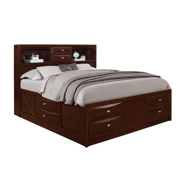 Homeroots New Merlot veneer Full Bed with Bookcase Headboard 10 Drawers - 383804