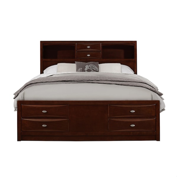 Homeroots New Merlot veneer Full Bed with Bookcase Headboard 10 Drawers - 383804