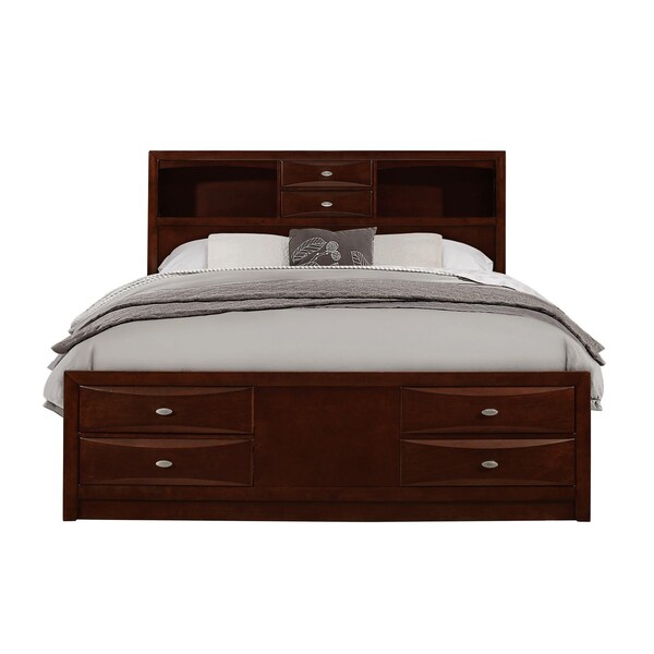 Homeroots New Merlot veneer Full Bed with Bookcase Headboard 10 Drawers - 383804