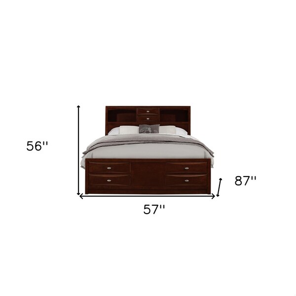 Homeroots New Merlot veneer Full Bed with Bookcase Headboard 10 Drawers - 383804