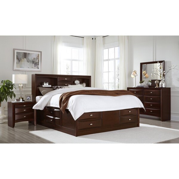 Homeroots New Merlot veneer Full Bed with Bookcase Headboard 10 Drawers - 383804