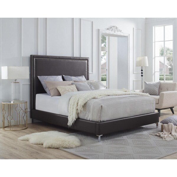 Posh Living Tristan Pu Leather Nailhead Trim Platform Bed King Size - Espresso - BD34-01EOK-UE