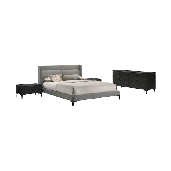 Armen Living Legend 4 Piece Gray Fabric Queen Platform Bedroom Set with Dresser and Nightstands - SETLEBDCHQN4B