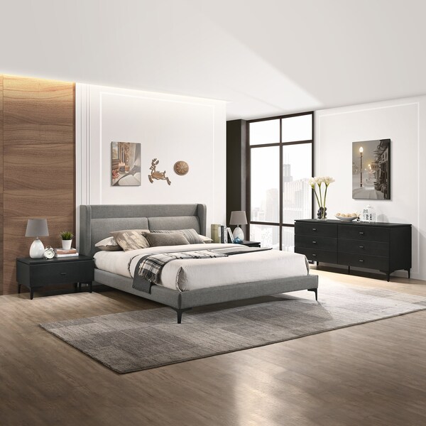 Armen Living Legend 4 Piece Gray Fabric Queen Platform Bedroom Set with Dresser and Nightstands - SETLEBDCHQN4B