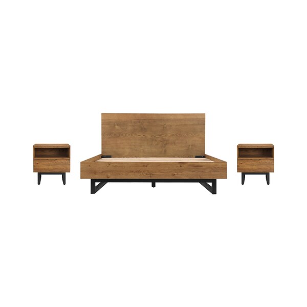Armen Living Aldo Queen Size 3 Piece Platform Bed Frame Bedroom Set in Brown Oak Wood and Black Metal - SETAOBDBRQN3A