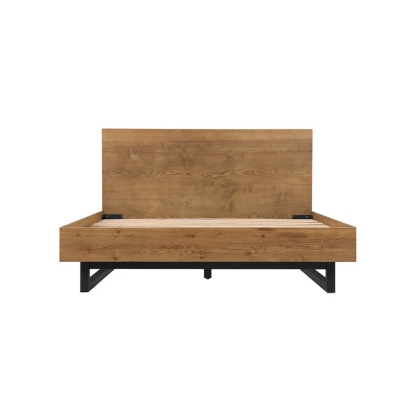 Armen Living Aldo Queen Size 3 Piece Platform Bed Frame Bedroom Set in Brown Oak Wood and Black Metal - SETAOBDBRQN3A