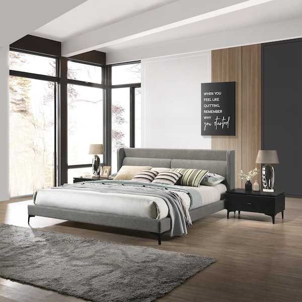 Armen Living Legend 3 Piece Gray Fabric King Platform Bed and Nightstands Bedroom Set - SETLEBDCHKG3A