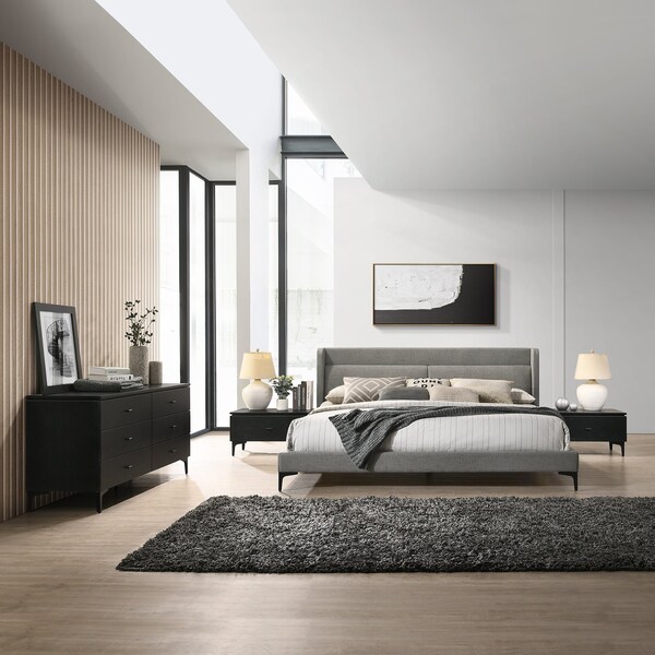 Armen Living Legend 4 Piece Gray Fabric King Platform Bedroom Set with Dresser and Nightstands - SETLEBDCHKG4B