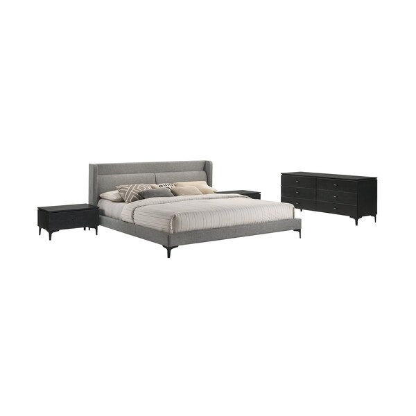 Armen Living Legend 4 Piece Gray Fabric King Platform Bedroom Set with Dresser and Nightstands - SETLEBDCHKG4B
