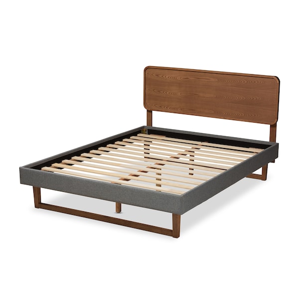 Baxton Studio Ayla Grey Upholstered Walnut Finished Wood King Size Platform Bed - 156-9415-9430