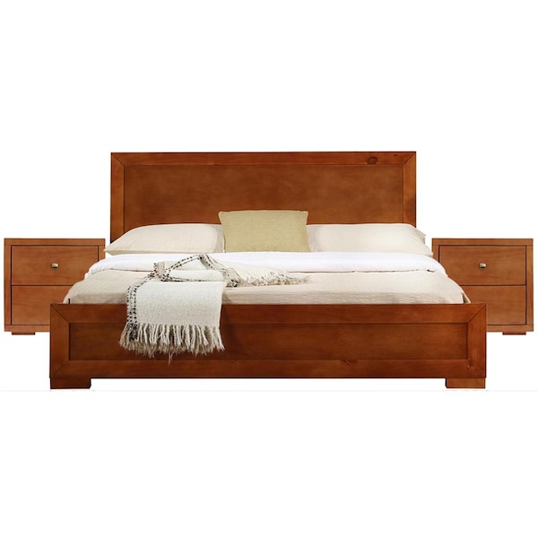 Homeroots Moma Cherry Wood Platform Queen Size Bed with Two Nightstands - 468262
