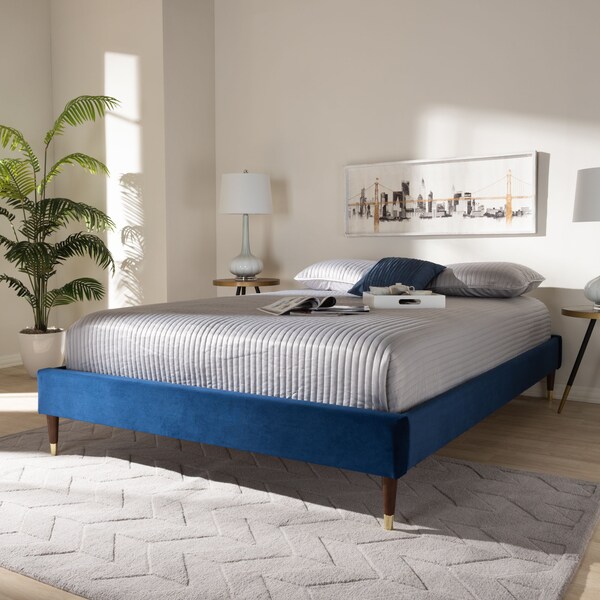 Baxton Studio Volden Blue Velvet Upholstered Queen Size Wood Platform Bed Frame - 155-9466