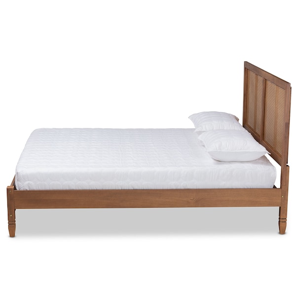 Baxton Studio Redmond Mid-Century Modern Walnut Brown Finished Wood and Synthetic Rattan Queen Size Platform Bed - 183-11058-ZORO