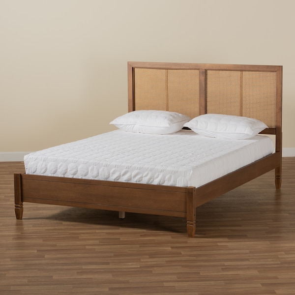 Baxton Studio Redmond Mid-Century Modern Walnut Brown Finished Wood and Synthetic Rattan Queen Size Platform Bed - 183-11058-ZORO
