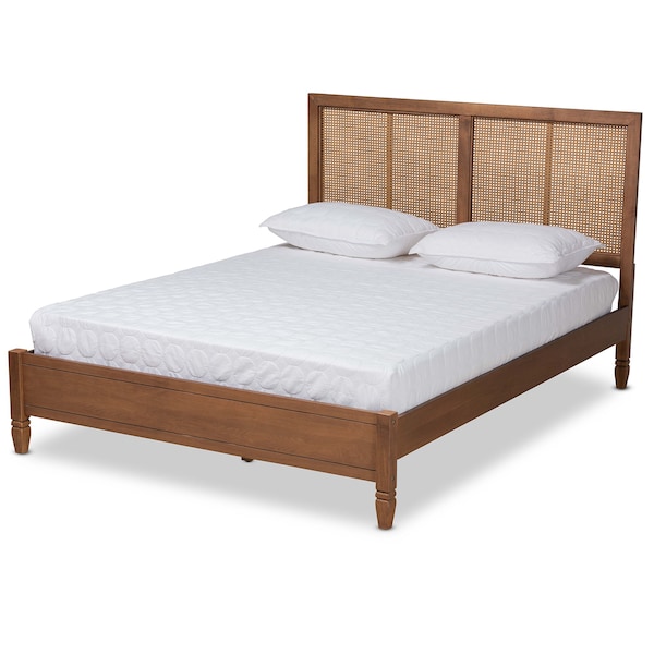 Baxton Studio Redmond Mid-Century Modern Walnut Brown Finished Wood and Synthetic Rattan Queen Size Platform Bed - 183-11058-ZORO