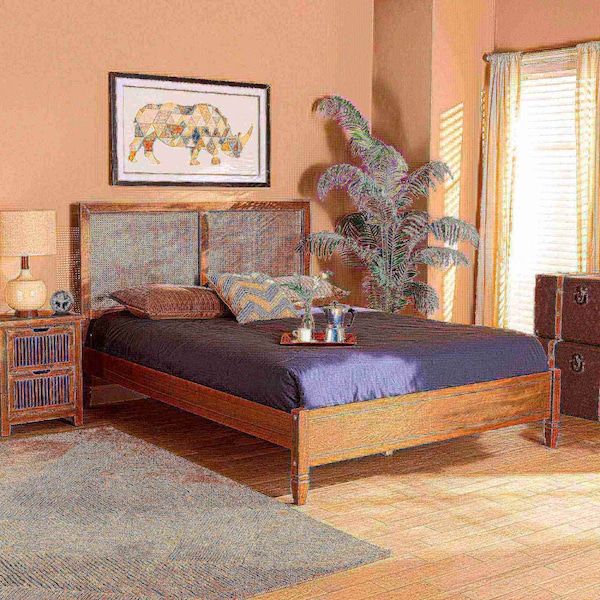 Baxton Studio Redmond Mid-Century Modern Walnut Brown Finished Wood and Synthetic Rattan Queen Size Platform Bed - 183-11058-ZORO