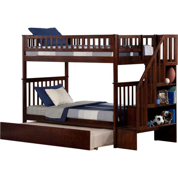 Atlantic Furniture Woodland Staircase Bunk Bed With Urban Lifestyle Trundle, Antique Walnut - AB56654