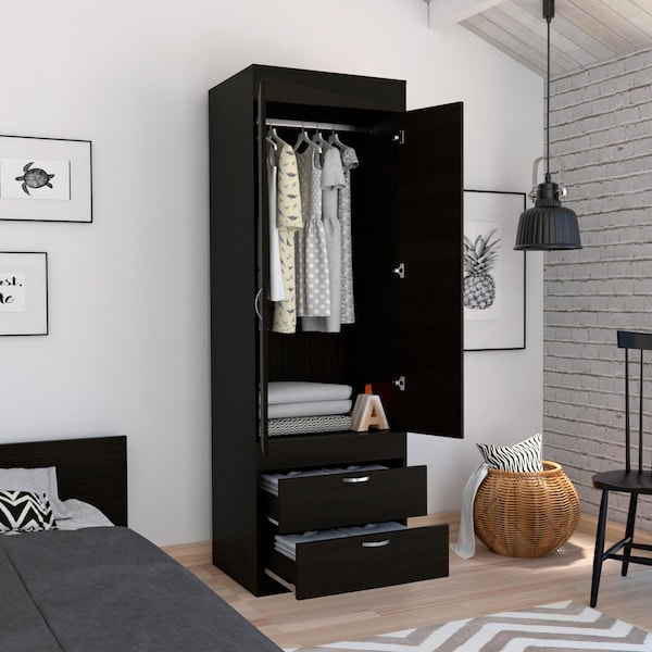 Tuhome Lisboa Armoire, Rod, Double Door, Two Drawers, Metal Handles, Black - CLW4756