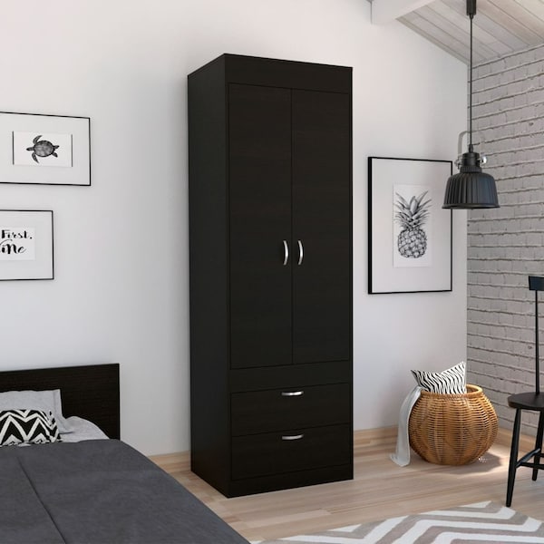 Tuhome Lisboa Armoire, Rod, Double Door, Two Drawers, Metal Handles, Black - CLW4756