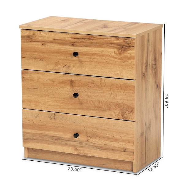 Baxton Studio Decon Modern and Contemporary Oak Brown Finished Wood 3-Drawer Storage Chest - 189-11975-ZORO