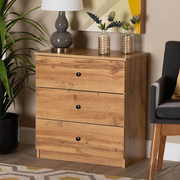 Baxton Studio Decon Modern and Contemporary Oak Brown Finished Wood 3-Drawer Storage Chest - 189-11975-ZORO