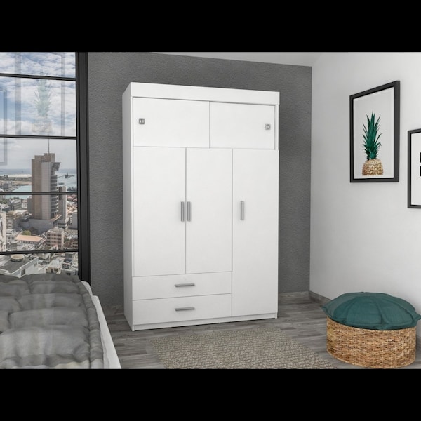 Tuhome Chile Armoire, Rod, 3 Door Cabinet, 2 Drawers, 2 Superior Adjustable Shelves, Metal Hardware, White - CLB5949