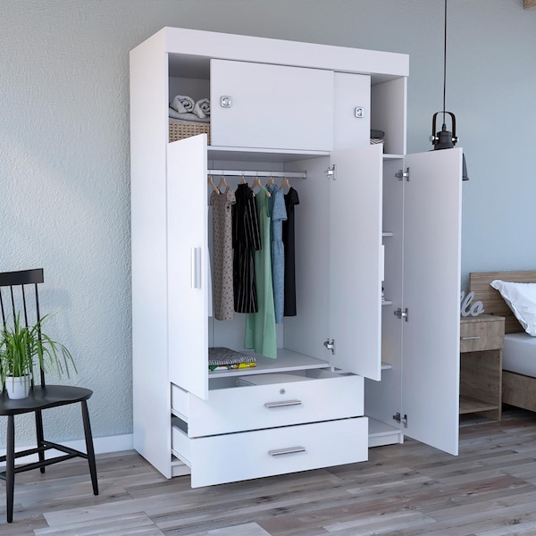Tuhome Chile Armoire, Rod, 3 Door Cabinet, 2 Drawers, 2 Superior Adjustable Shelves, Metal Hardware, White - CLB5949