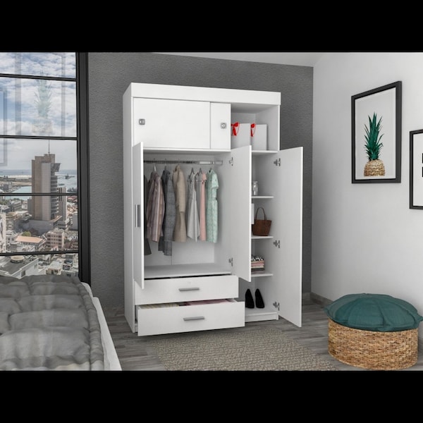 Tuhome Chile Armoire, Rod, 3 Door Cabinet, 2 Drawers, 2 Superior Adjustable Shelves, Metal Hardware, White - CLB5949